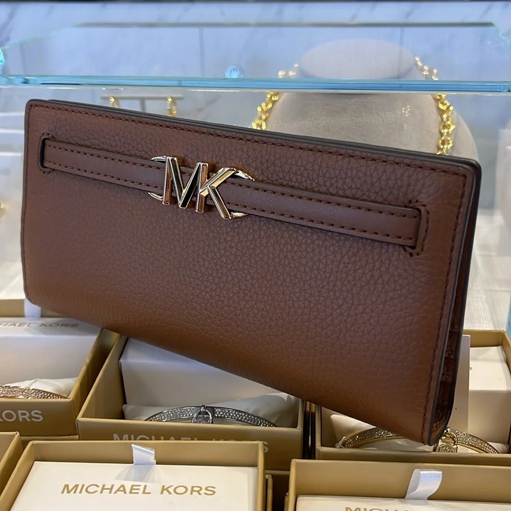 Michael Kors Reed Lg Bifold Pebbled Leather Snap Wallet Card Case Luggage NWT